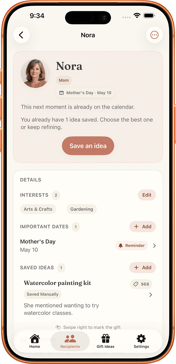 GiftHint iPhone screen showing Nora's recipient detail with the next Mother's Day occasion, interests, and a saved watercolor painting kit idea.